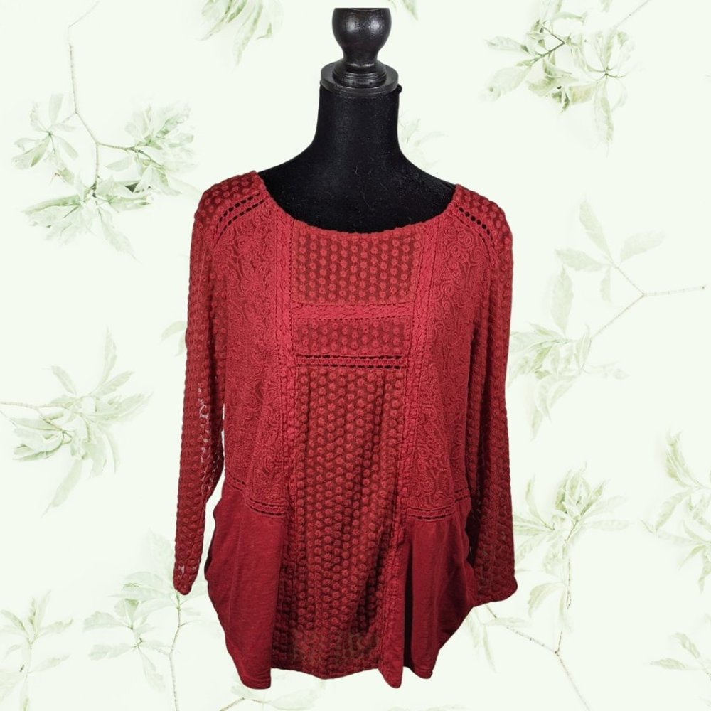 🎁5 for $20!🎁 Lucky Brand 3/4 Sleeve Burnt Orange Red Embroidered Top Size L